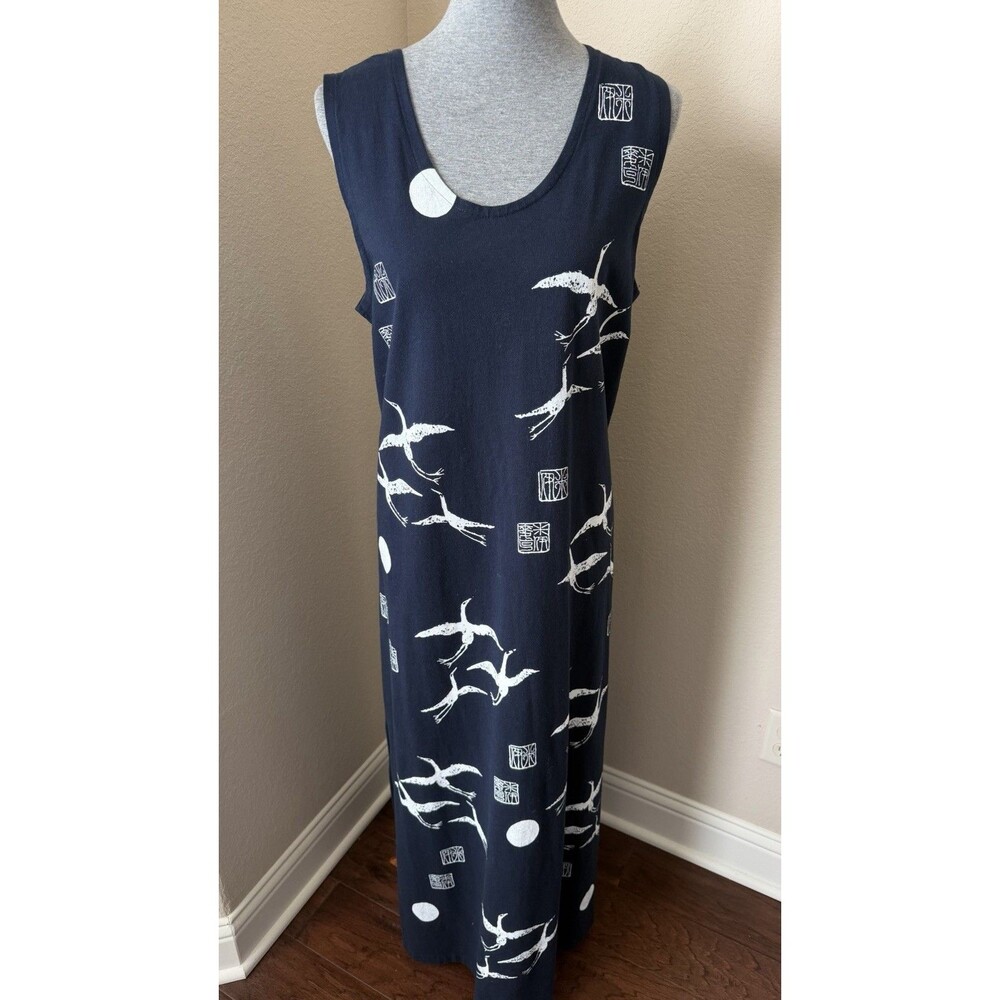 M. Mac Women's Size Large Navy Blue White Crane Bird Print Sleeveless Maxi Dress